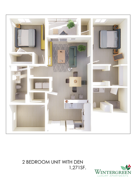 a floor plan of 2 bedroom unit with den